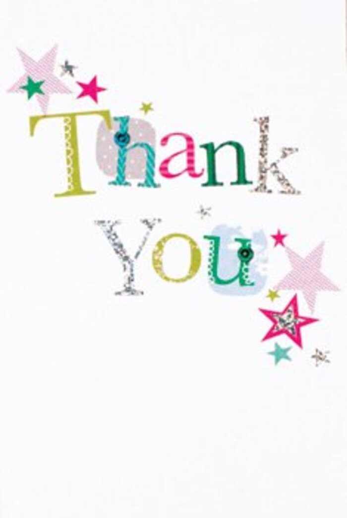 There's an understated vibrance to this thank you card-the arrangement of the letters, both elegant and playful, springs to life from its pristine white canvas. Each letter, full of character, displays a mood unique to itself: some curve with whimsical spots and hand-stitched effects, others shimmer in turquoise or stripes of silvery pink. Surrounding the message are miniature stars, their radiant hues reminiscent of the evening sky over Norman Park after a joyful Bromley event. The balance of space and colour evokes a sense of fresh sophistication-not too formal, yet completely sincere-making the card the ideal accompaniment for a celebratory bouquet. Its open composition allows gratitude to radiate easily, reminiscent of the warm exchanges often witnessed in Bromley's bustling markets or tree-lined avenues. Thoughtfully designed, this card holds its own as a symbol of appreciation, turning a simple thank you into an experience that lingers, much like the scent of freshly delivered lilies or roses prepared by Flowers Bromley.