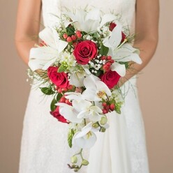 CASCADING ORCHID & RED ROSES BRIDAL BOUQUET