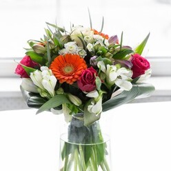 With a striking mix of bold colour and refined structure, this Bromley-crafted bouquet brings together the finest floral elements in a celebration of joy and natural abundance. Creamy peach and orange gerbera daisies line the upper edge, forming a delicate border with their soft petals encircling each flower's espresso centre. Interspersed among them, rich magenta roses lend a sophisticated presence, their tightly furled buds reminiscent of classic romance found in Bromley's historic quarters. White alstroemeria and small, multi-petaled spray roses cluster gently throughout, their brightness and layered texture evoking the relaxed elegance of a stroll in Norman Park. Broad, paddle-shaped aspidistra leaves wrap gracefully at the base, forming a protective collar around the stems and grounding the bouquet's vivid hues in tranquility. Slim green foliage and fine sprigs add movement and depth between the blooms. The tall glass vase showcases each verdant stem, making the arrangement's freshness part of its visual appeal, while a soft, luminous backdrop-like light streaming into a sunroom in Chislehurst-places full emphasis on the flowers. The bouquet invites thoughts of celebrations, new beginnings, or heartfelt thank-yous, revealing Flowers Bromley's dedication to artistry, community, and meaningful connection.