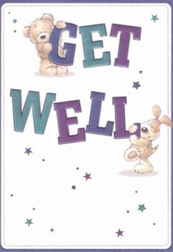 This endearing get well card, cherished throughout Bromley, instantly warms the spirit upon first glance. The whimsical scene features a plush teddy bear perched lovingly atop the 'GET,' partnered with a floppy-eared puppy playfully leaning into the prominent 'WELL' below. Their expressive, rounded faces radiate hope and friendly encouragement, much like the smiles exchanged on the High Street or at Bromley Market. The bold, hand-lettered words in deep purple and teal bring an engaging visual rhythm, calling to mind the vibrant bouquets waiting for collection at Flowers Bromley. Glimmering stars, scattered throughout in varying shades of blue and violet, offer subtle hints of magic and possibility-gentle reminders that well-wishes can be as nourishing as a freshly arranged bouquet. The clear, white background gives the entire piece a feeling of hygiene and calm, perfect for those in need of renewal and rest. As a local florist, I see in this artwork the same careful arrangement and intent that goes into every custom order for Bromley families-each detail designed to lift someone's heart and spark a gentle smile in our welcoming community.