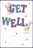 Brimming with playful optimism, this get well card is a shining choice for sending thoughtful wishes to family and friends throughout Bromley. At the visual heart, a soft, huggable teddy bear and a sprightly puppy leap to life, each holding and balancing the exuberant letters spelling 'Get Well.' The bold text, radiant in shades of deep indigo and teal, pops brightly against a creamy, harmonious background that recalls the comfort of sunlit rooms in Bromley's quiet lanes. Scattered across the image, whimsical stars-painted in tranquil blues and purples-lend gentle sparkle, like the feeling of hope in a freshly delivered bouquet. The bear's fluffy fur and the puppy's soft ears convey a tactile comfort that could easily accompany a thoughtful arrangement from Flowers Bromley. This card is more than illustration; it's a visual embrace, extending gentle solace and friendship across our community, especially to those in need of a little extra care and kindness.